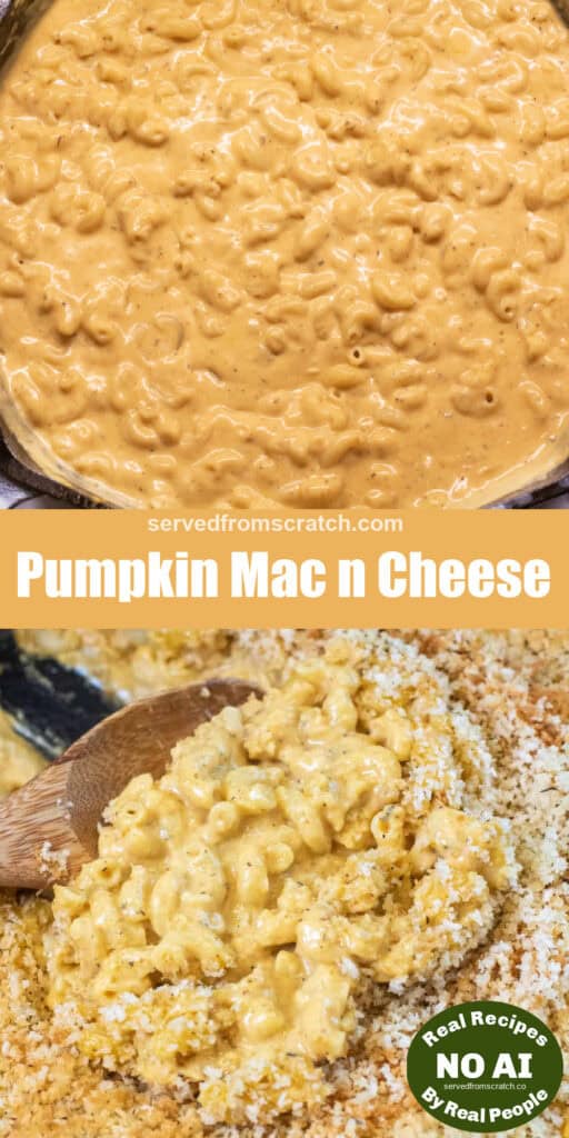 a cast iron with a scoop of mac n cheese with Pinterest pin text with NO AI sticker.