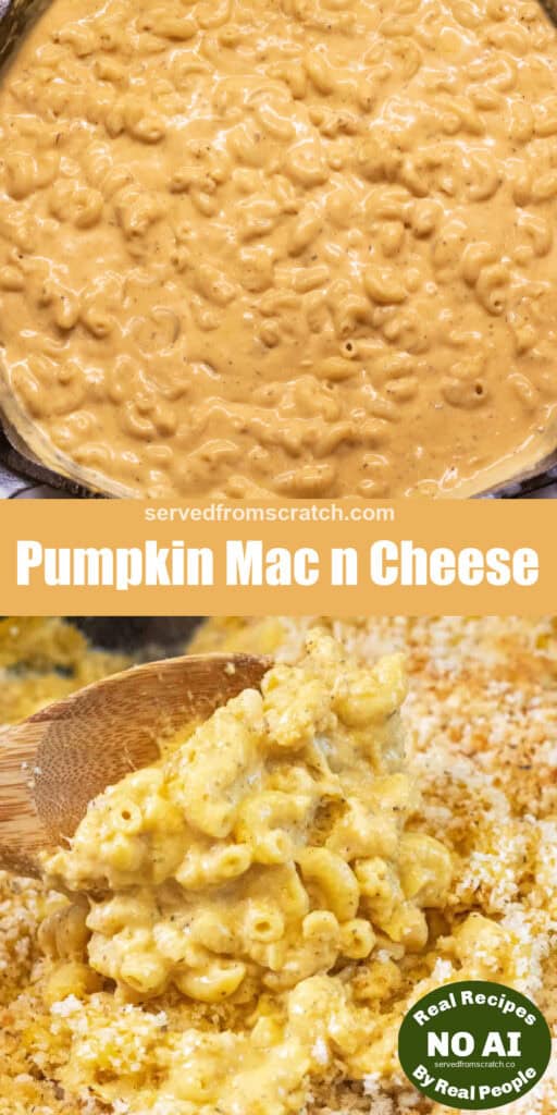 a cast iron with a scoop of mac n cheese with Pinterest pin text with NO AI sticker.