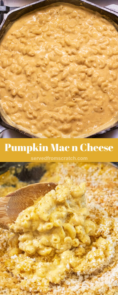 a cast iron with a scoop of mac n cheese with Pinterest pin text.
