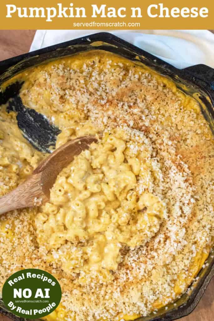 a cast iron with a scoop of mac n cheese with Pinterest pin text with NO AI sticker.