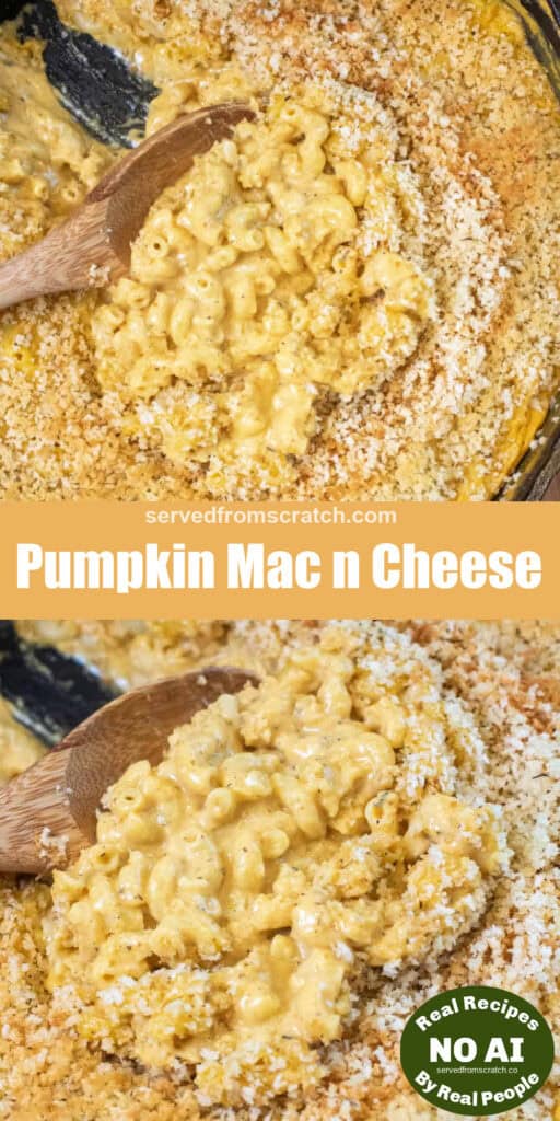 a cast iron with a scoop of mac n cheese with Pinterest pin text with NO AI sticker.