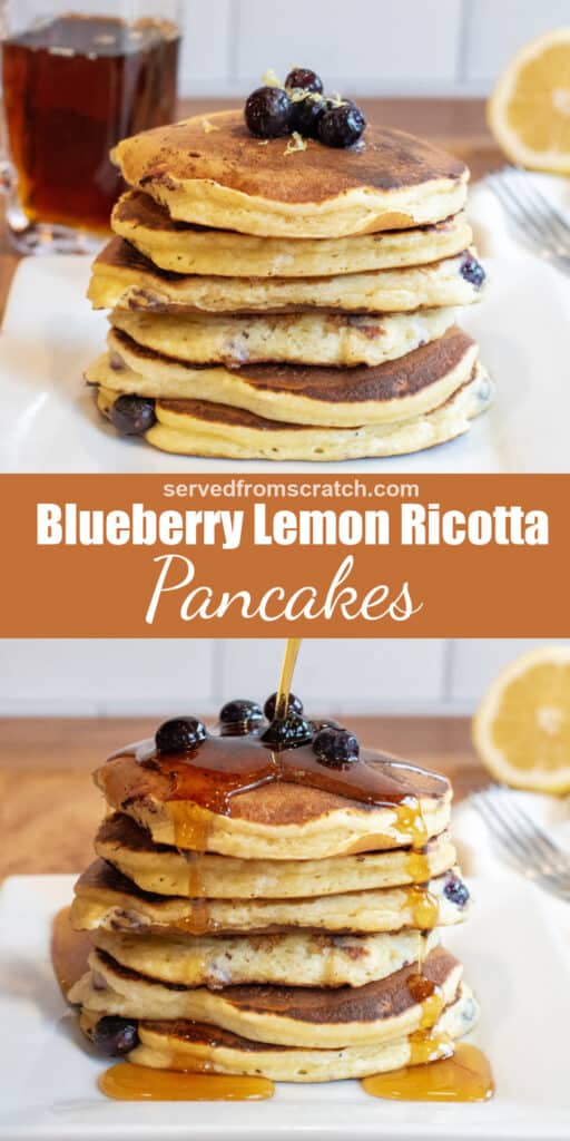 a stack of pancakes with blueberries and syrup being poured over it and a stack with pancakes and blueberries with Pinterest pin text.