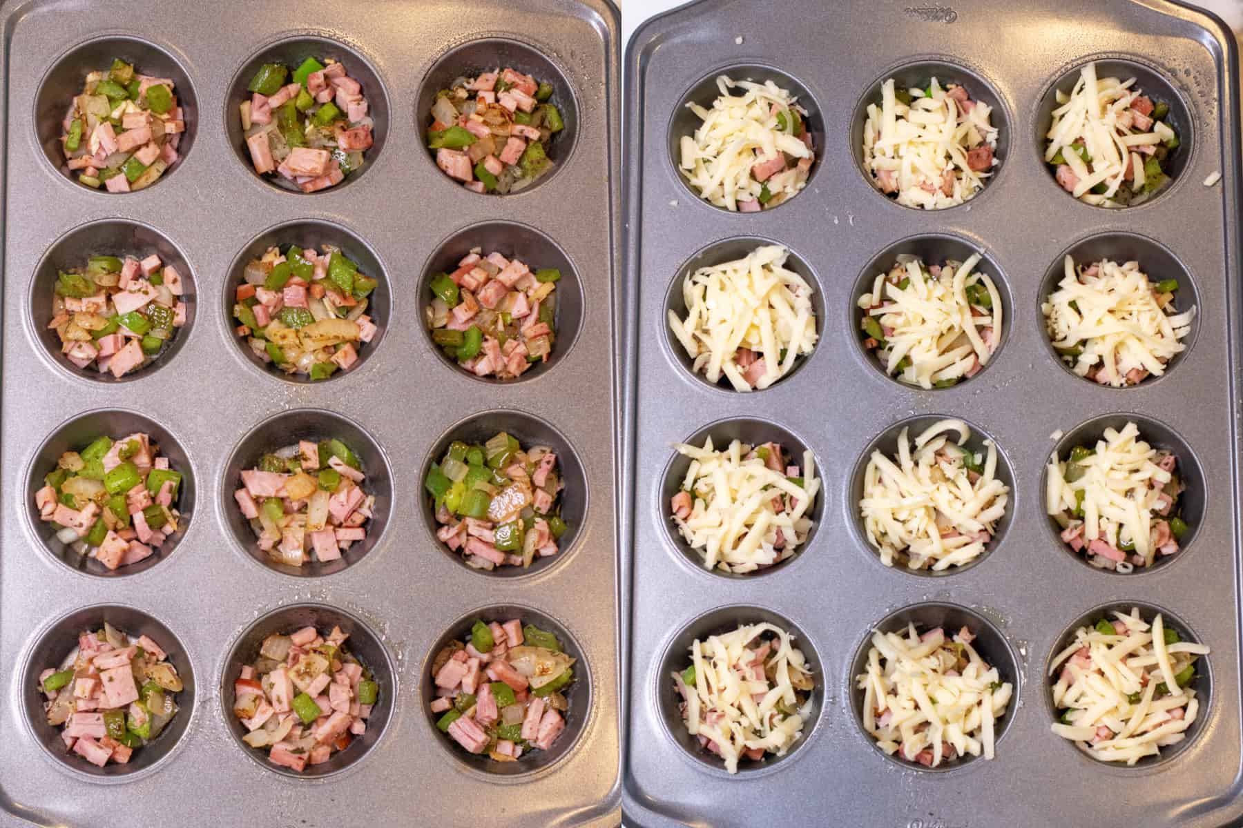 two pictures of muffin tins one with peppers and ham and then topped with shredded cheese.