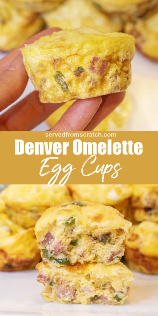a hand holding an egg cup and then a picture of a halved egg cup stacked and Pinterest pin text in between.