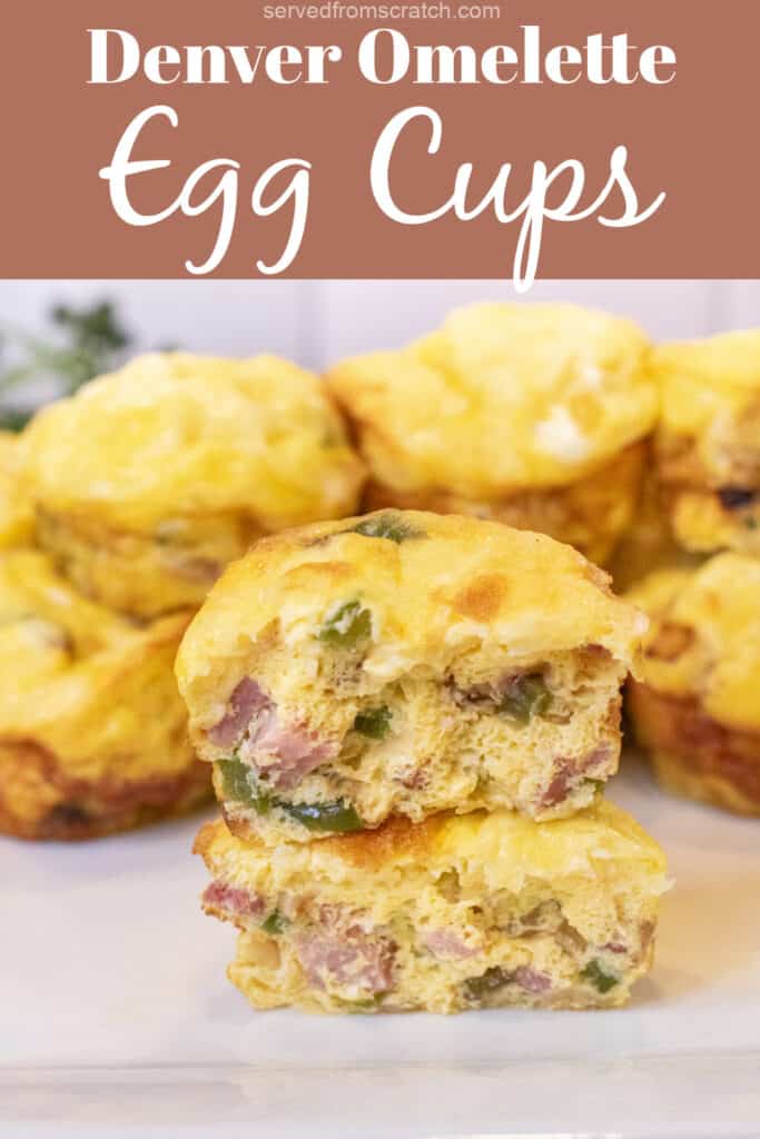 two halves of egg cups stuffed with ham, peppers, and onion stacked on a plate of other egg cups with Pinterest pin text.