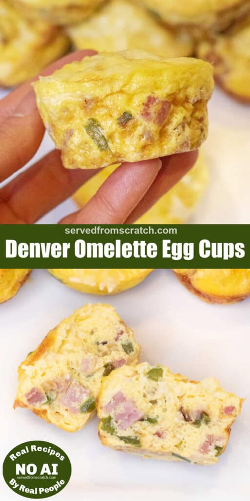 a hand holding an egg cup and then a picture of a halved egg cup Pinterest pin text in between with NO AI sticker.