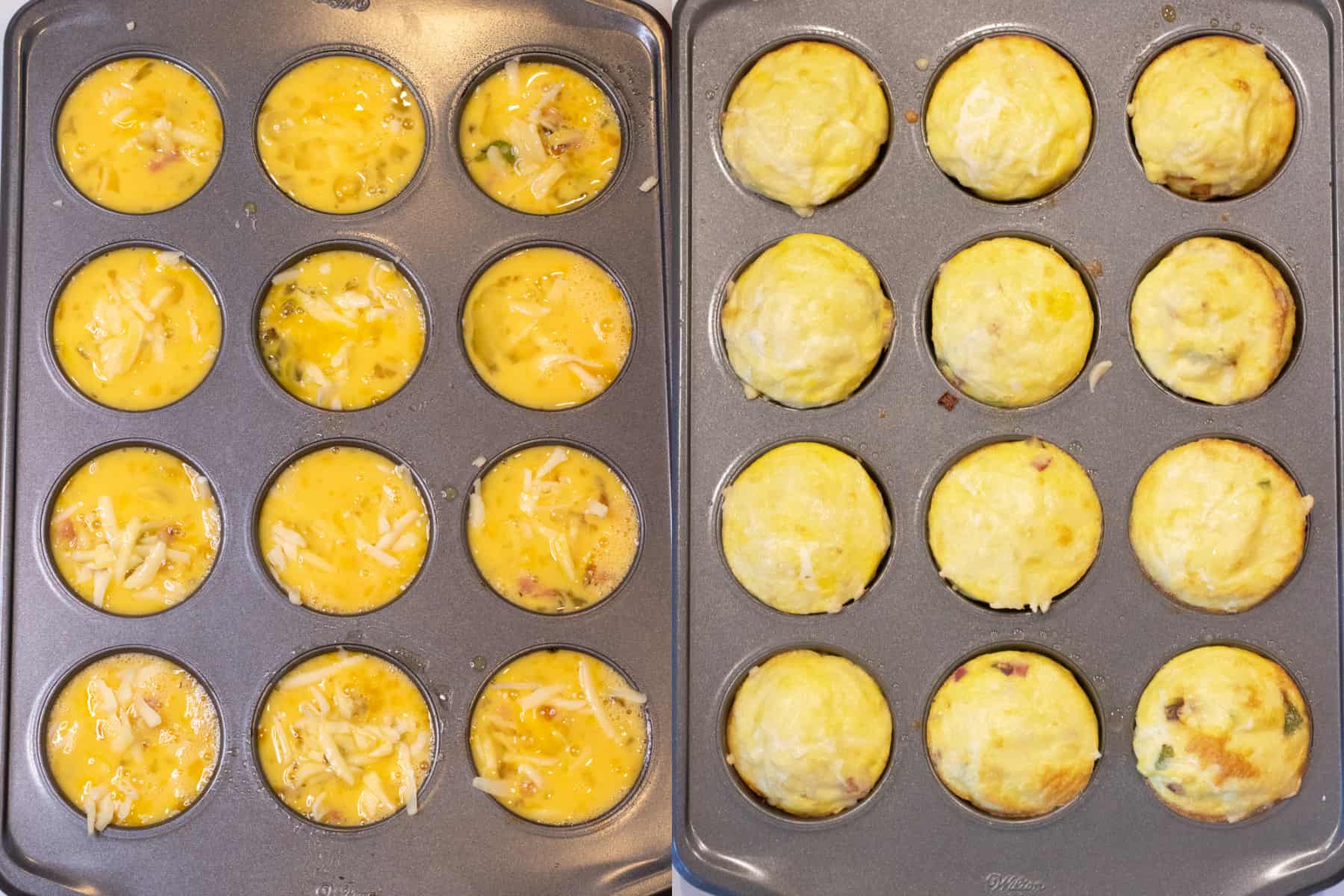 two muffin tins one with raw eggs then them all baked.