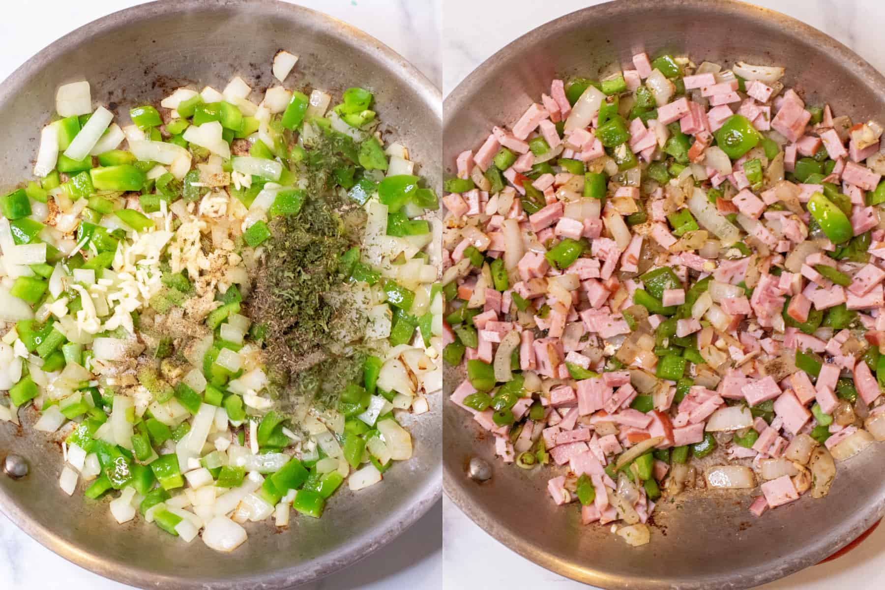 a picture of two pans one with onions and peppers and herbs and then the next with ham.
