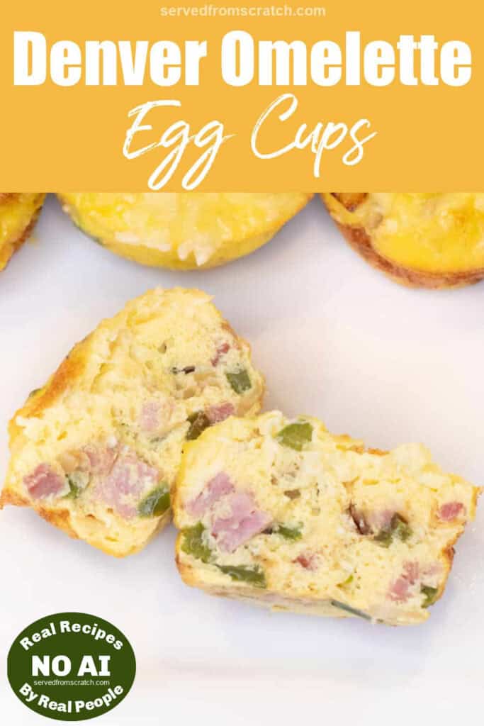 an overhead of a halved egg cup with ham and peppers on a plate with Pinterest pin text with NO AI sticker.