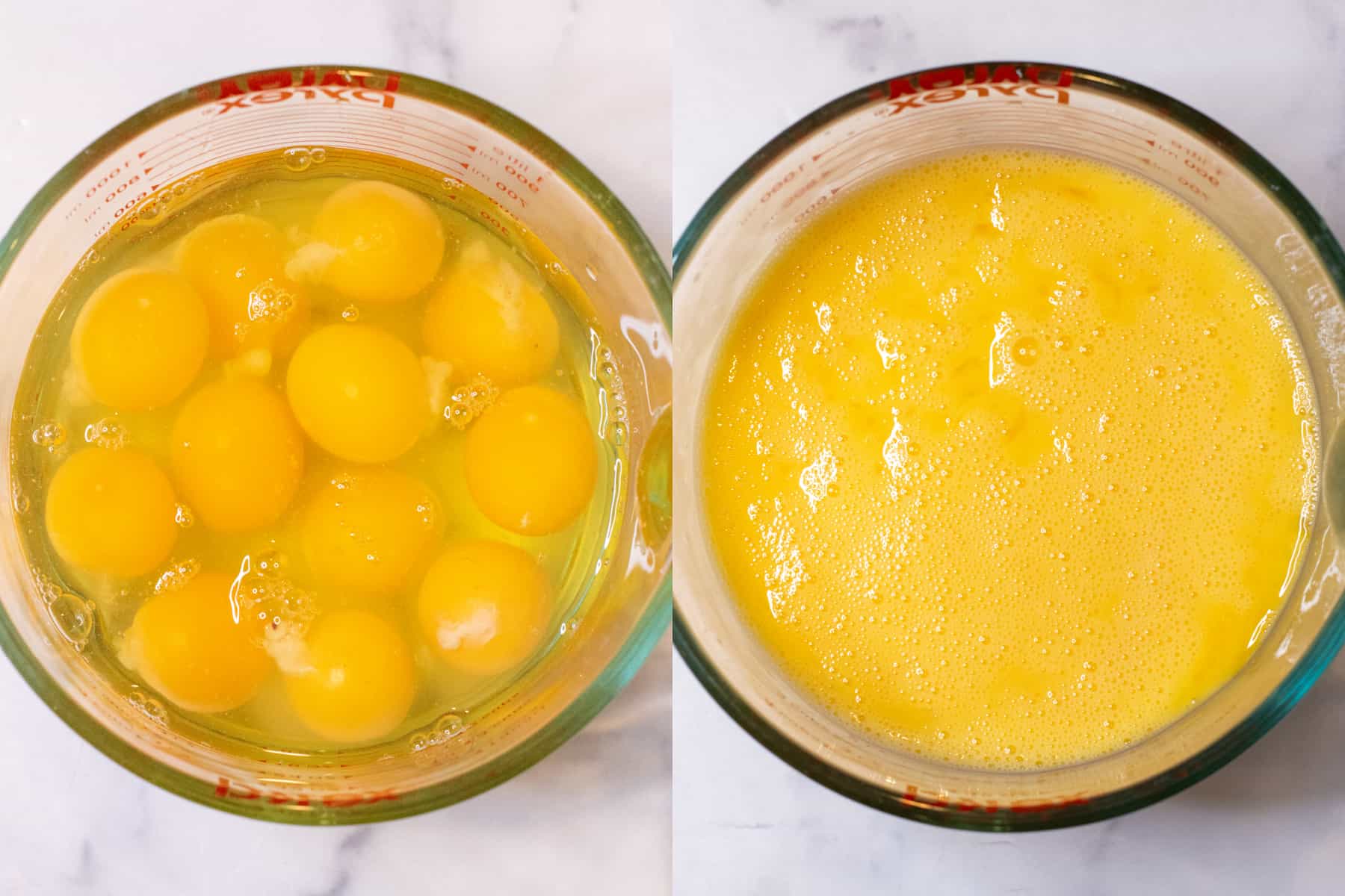 two glass bowls with eggs and then it all whisked.