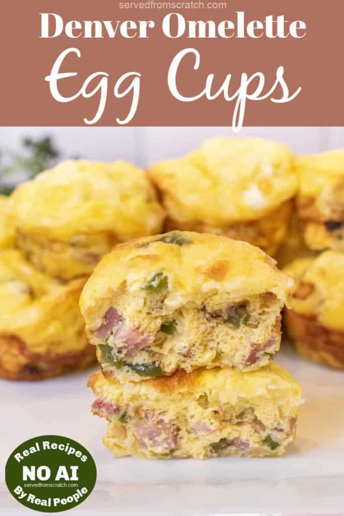 two halves of egg cups stuffed with ham, peppers, and onion stacked on a plate of other egg cups with Pinterest pin text with NO AI sticker.