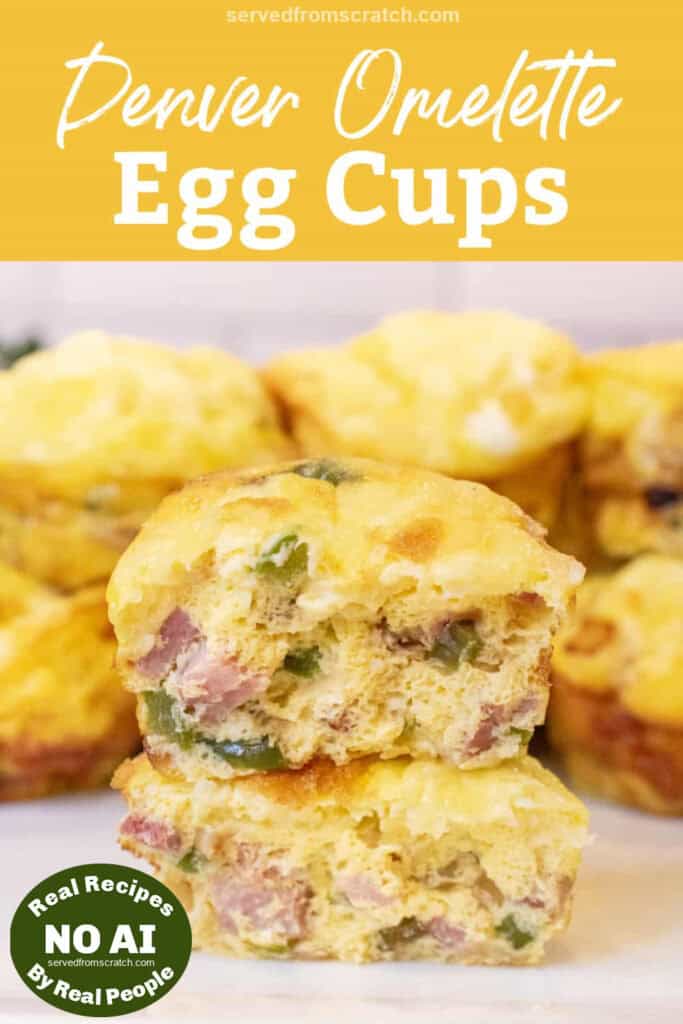 two halves of egg cups stuffed with ham, peppers, and onion stacked on a plate of other egg cups with Pinterest pin text with NO AI sticker.