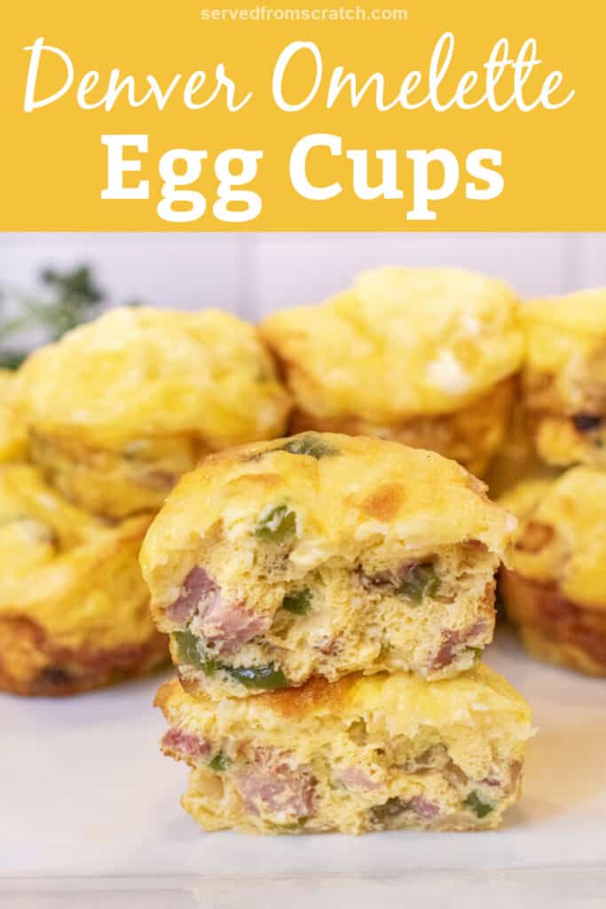 two halves of egg cups stuffed with ham, peppers, and onion stacked on a plate of other egg cups with Pinterest pin text.