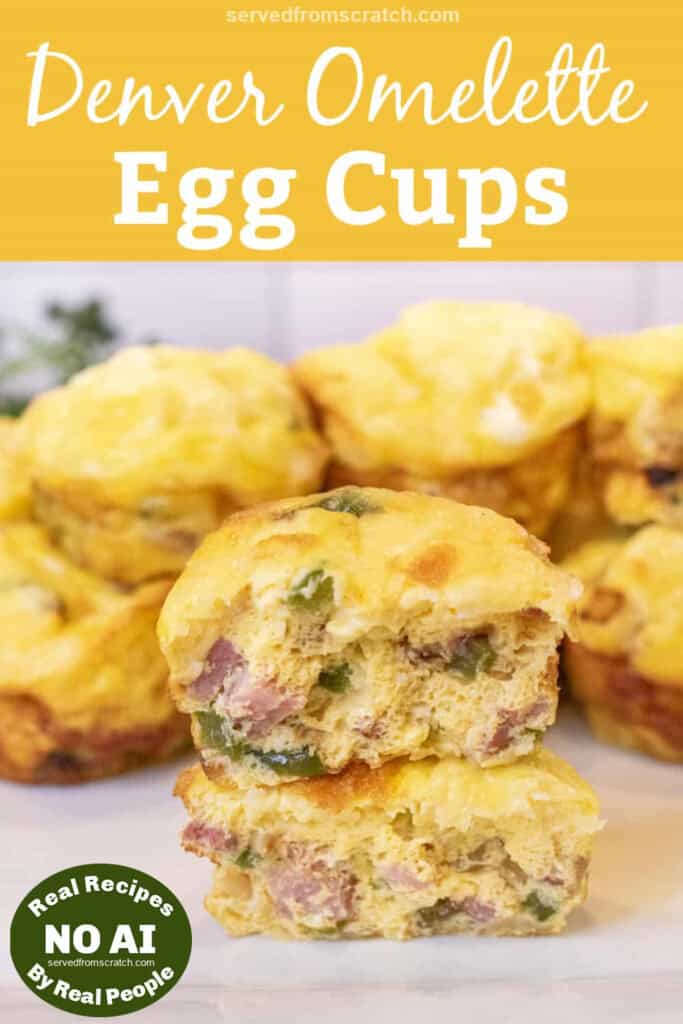 two halves of egg cups stuffed with ham, peppers, and onion stacked on a plate of other egg cups with Pinterest pin text with NO AI sticker.