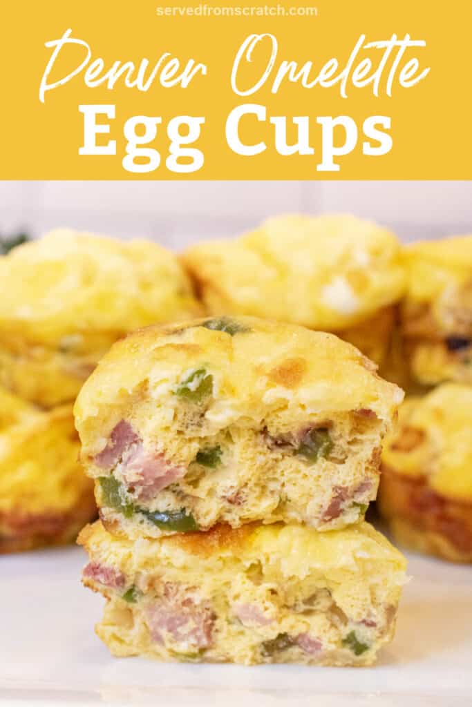 two halves of egg cups stuffed with ham, peppers, and onion stacked on a plate of other egg cups with Pinterest pin text.