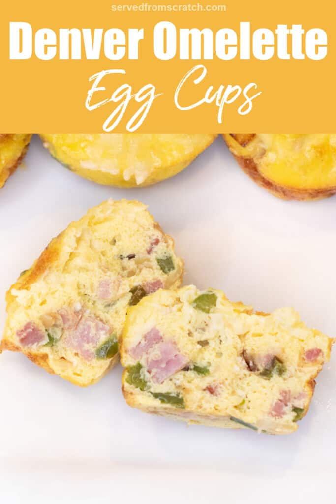 an overhead of a halved egg cup with ham and peppers on a plate with Pinterest pin text.