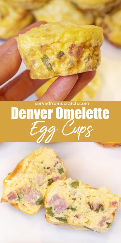 a hand holding an egg cup and then a picture of a halved egg cup Pinterest pin text in between.