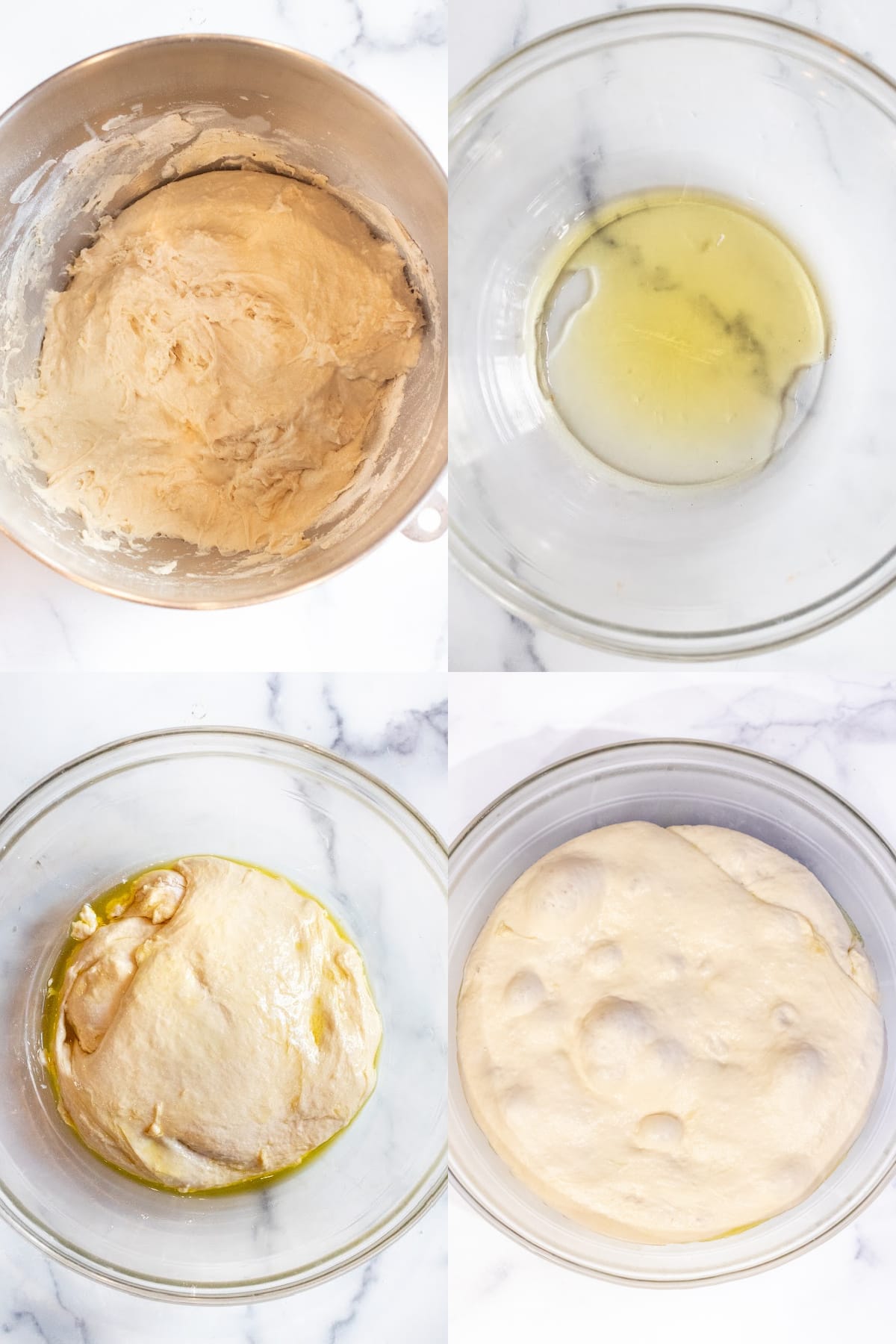 4 pictures, dough in a mixing bowl, a bowl with oil, oiled dough in the bowl, and the dough risen.