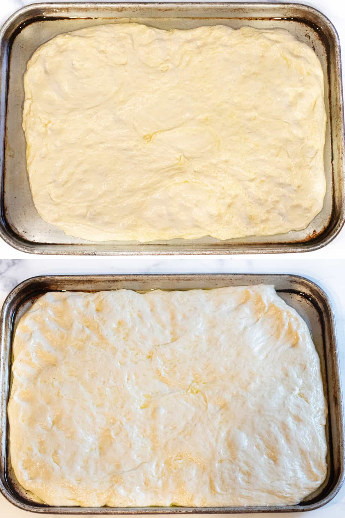 two rimmed baking sheets one with unproofed dough and one with risen dough.