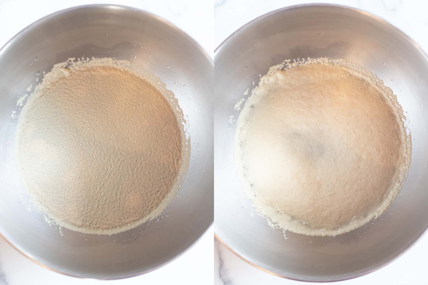 to bowls of a stand mixer one with yeast on water and one with yeast activated.
