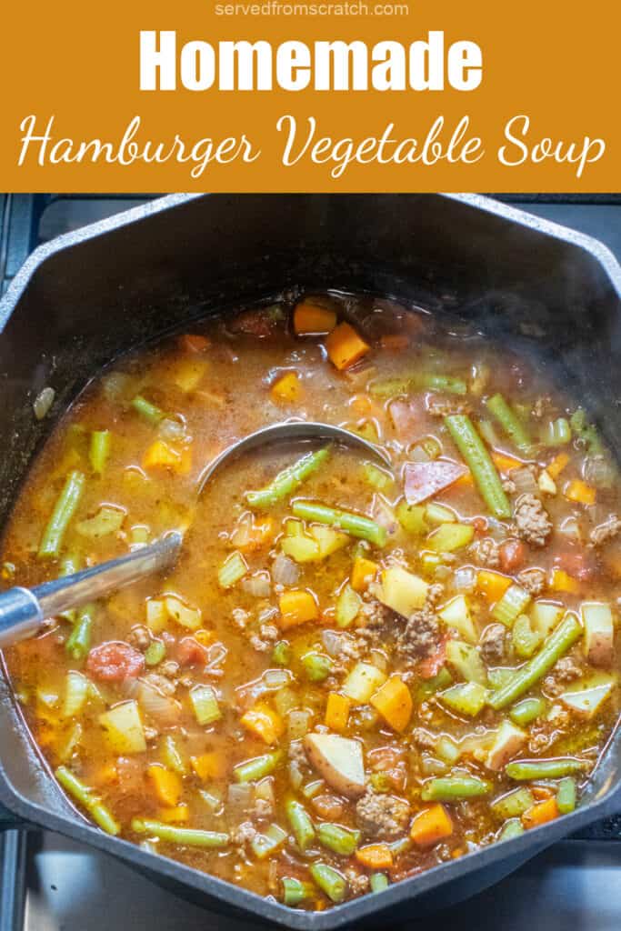a dutch oven of beef and vegetable soup with a ladle in it with Pinterest pin text.