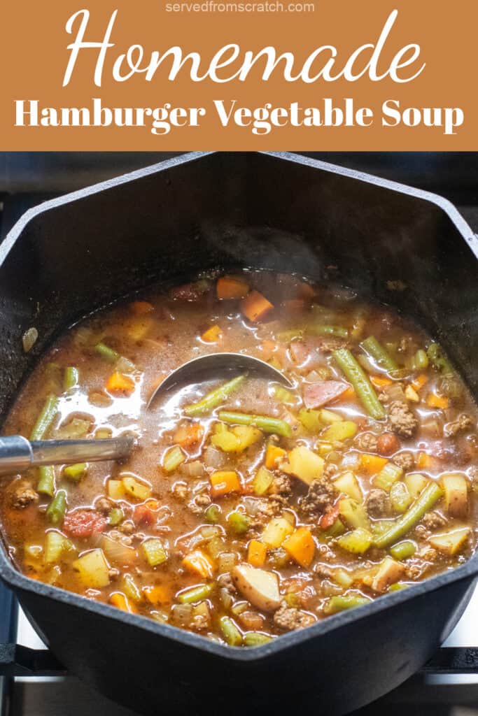 a dutch oven of beef and vegetable soup with a ladle in it with Pinterest pin text.