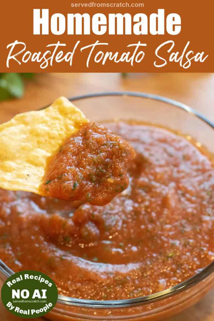 a bowl of smooth tomato salsa with a chip in it with Pinterest pin text with NO AI sticker.
