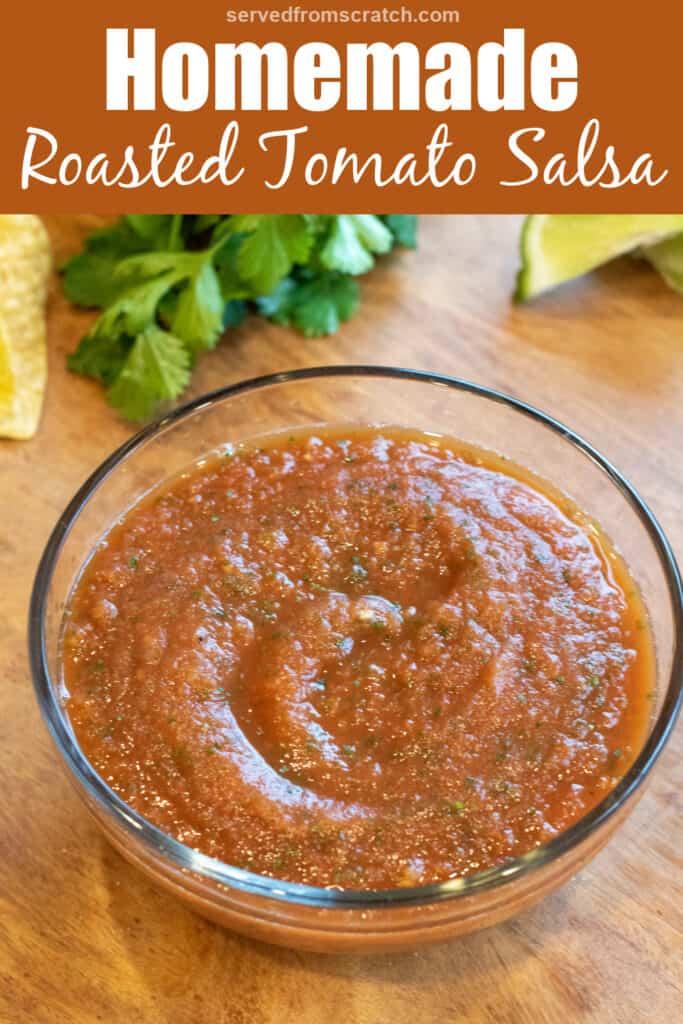 a bowl of smooth tomato salsa with Pinterest pin text.