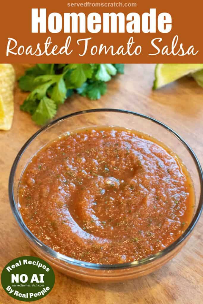 a bowl of smooth tomato salsa with a chip in it with Pinterest pin text with NO AI sticker.