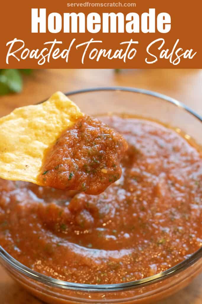 a chip with some salsa on it over a bowl of salsa with Pinterest pin text.