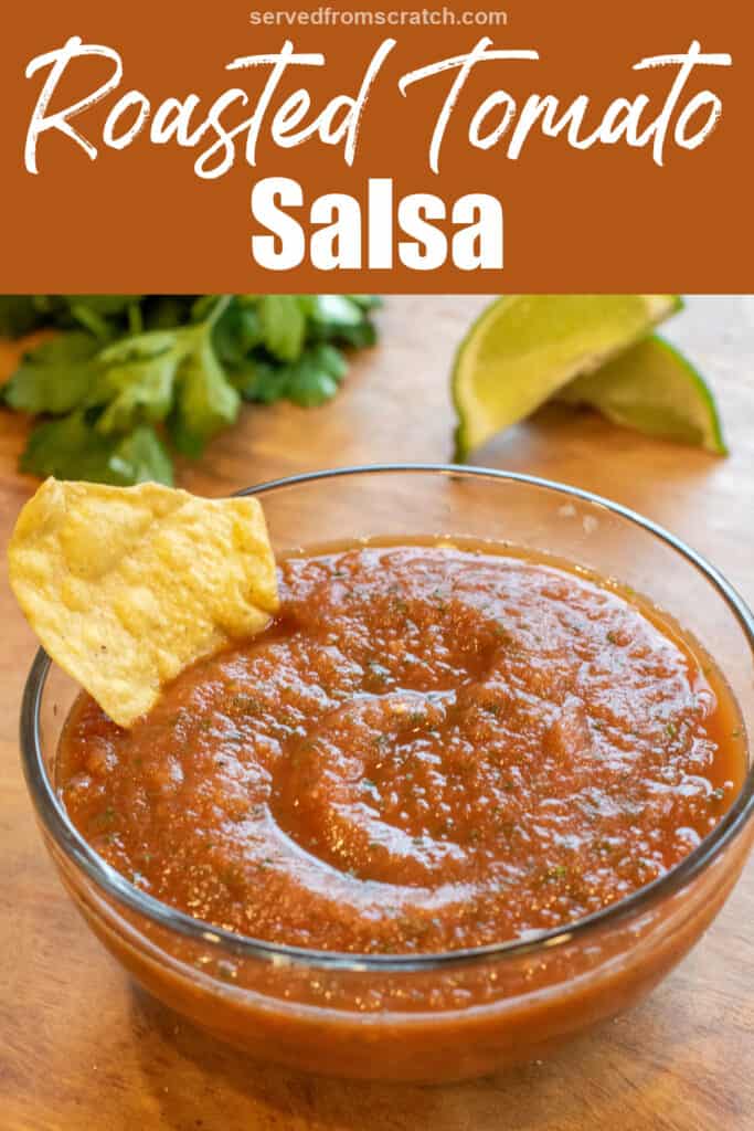 a bowl of smooth tomato salsa with a chip in it with Pinterest pin text.