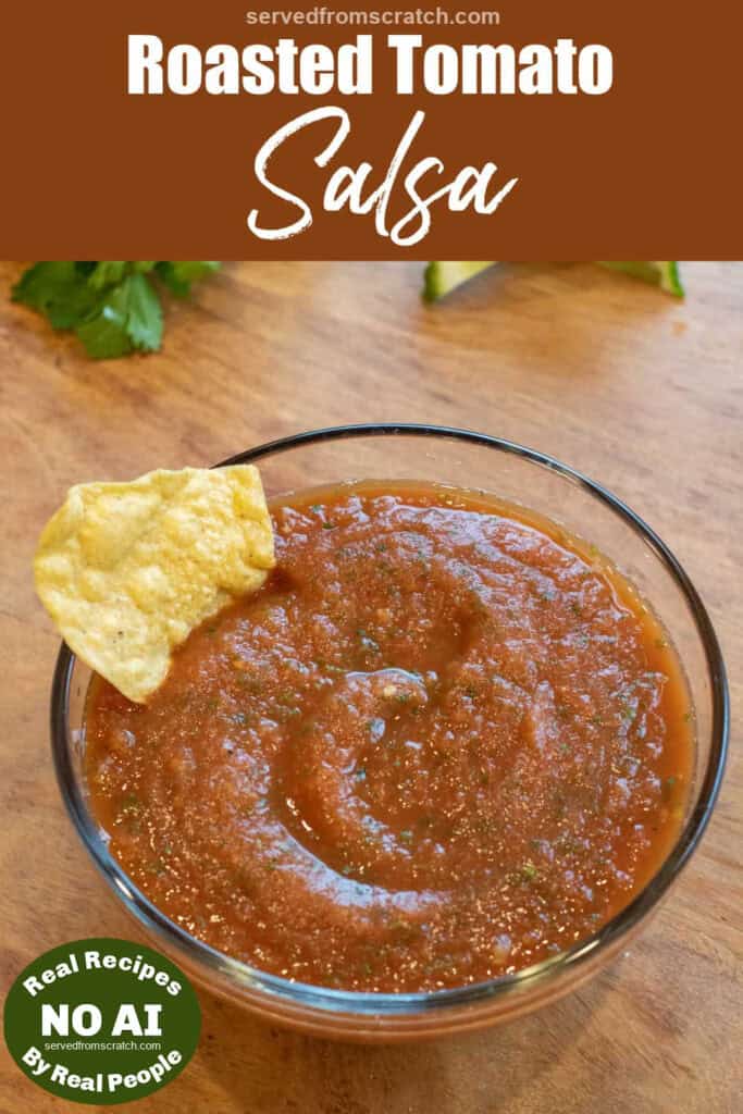 a bowl of smooth tomato salsa with a chip in it with Pinterest pin text with NO AI sticker.