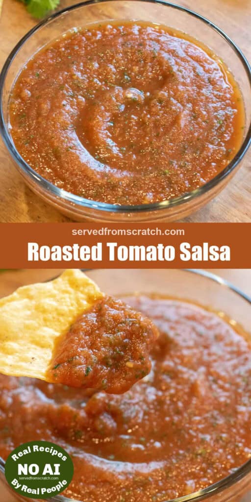 a bowl of smooth tomato salsa and then a chip holding up some salsa over the bowl with Pinterest pin text with NO AI sticker.