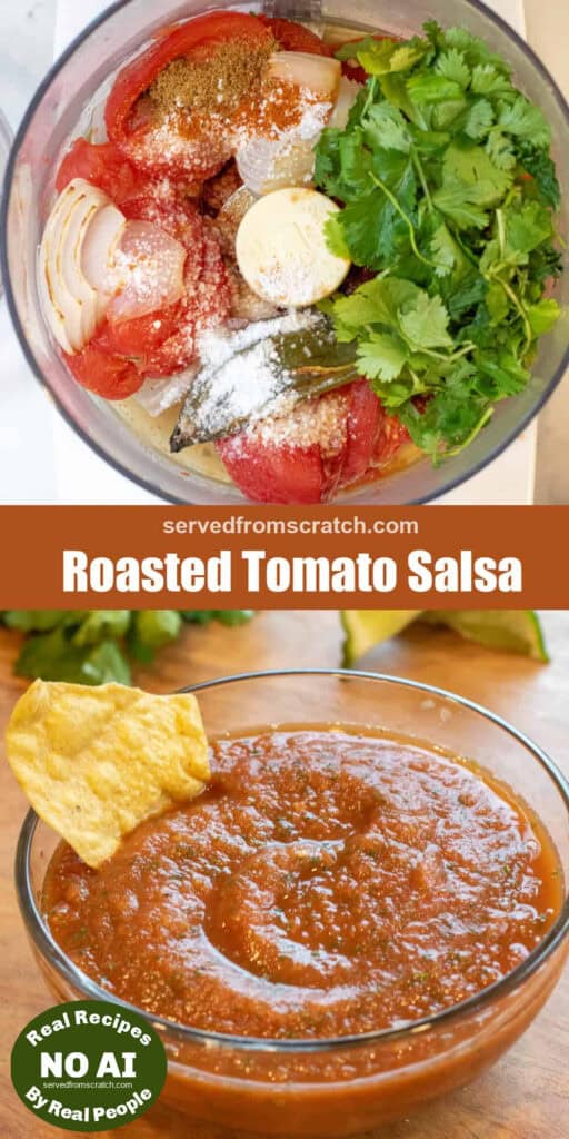 a food processor with tomatoes, onion, cilantro, and spices and then a bowl of smooth tomato salsa with a chip in it and Pinterest pin text with NO AI sticker.