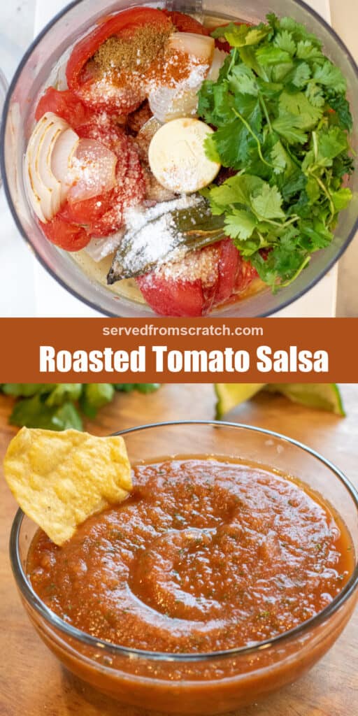 a food processor with tomatoes, onion, cilantro, and spices and then a bowl of smooth tomato salsa with a chip in it and Pinterest pin text.