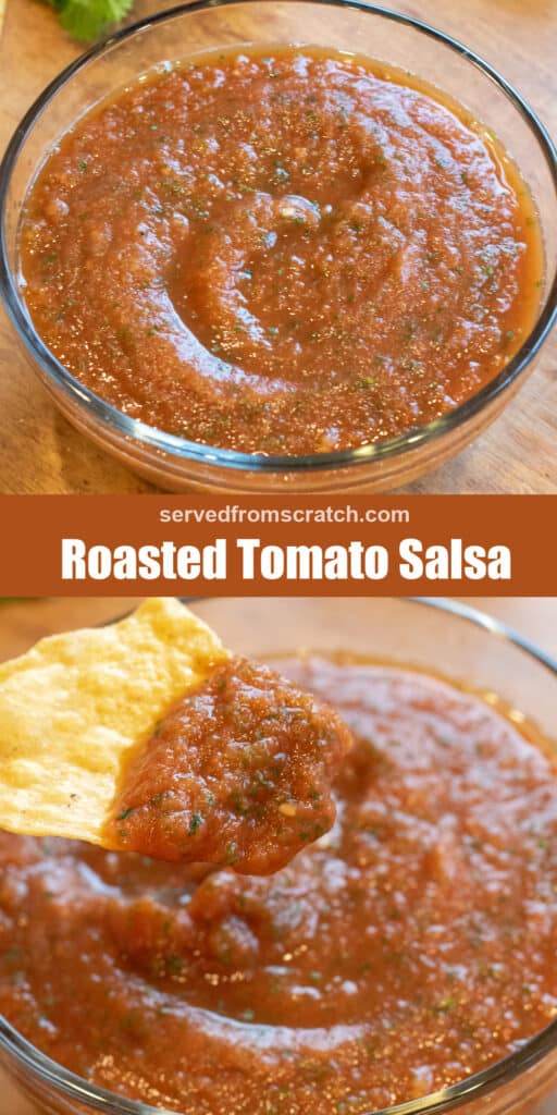 a bowl of smooth tomato salsa and then a chip holding up some salsa over the bowl with Pinterest pin text.
