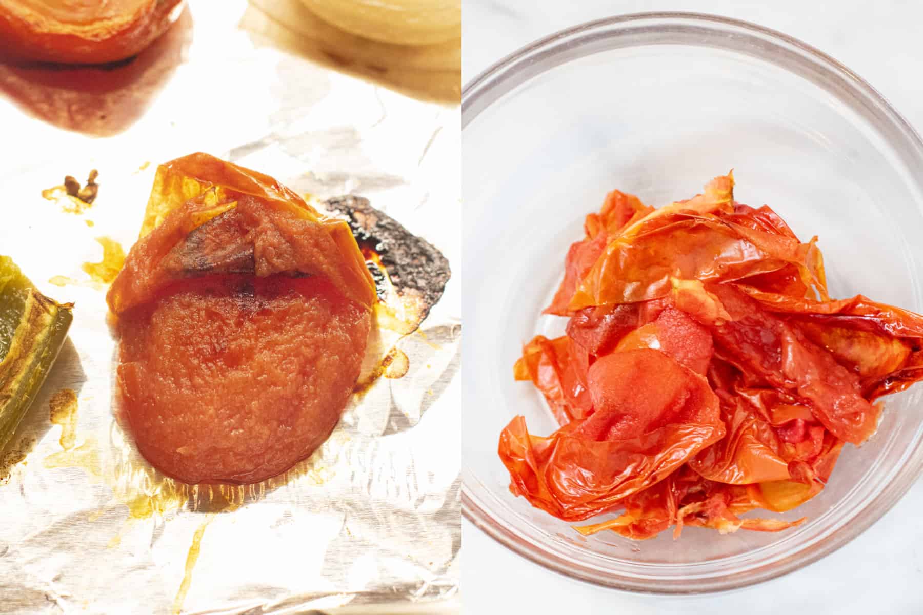 the skin of a halved roasted tomato peeling off and a bowl of tomato skins.
