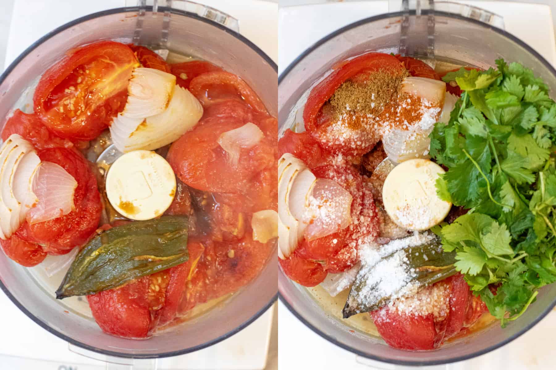 two pictures of food processor bowls, one with roasted tomatoes and onion and jalapeno, then with spices and cilantro added.