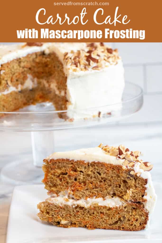 a slice of cake on a plate and a cake on a cake stand with pinterest pin text.