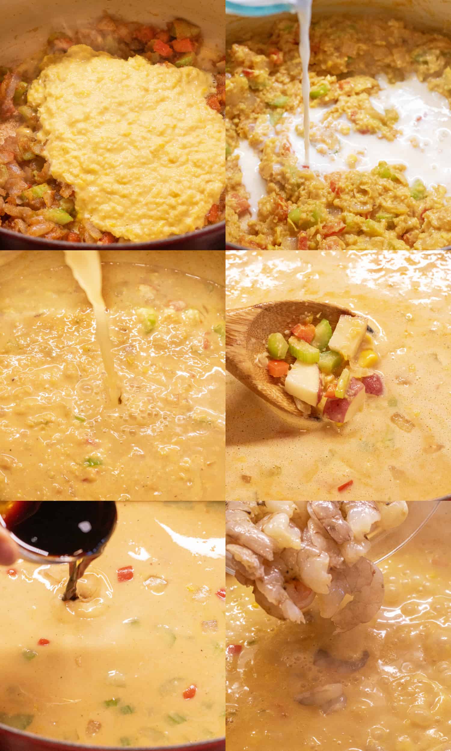 6 pictures, one of creamy corn added to pot, then with milk being poured in, stock being poured in, a wooden spoon with potatoes, soy sauce being poured in, and then raw shrimp being added to pot.