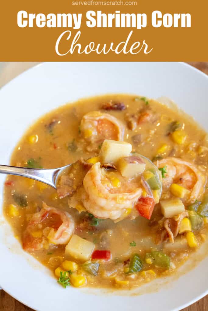 a bowl of shrimp chowder with corn red pepper and potatoes with Pinterest pin text.