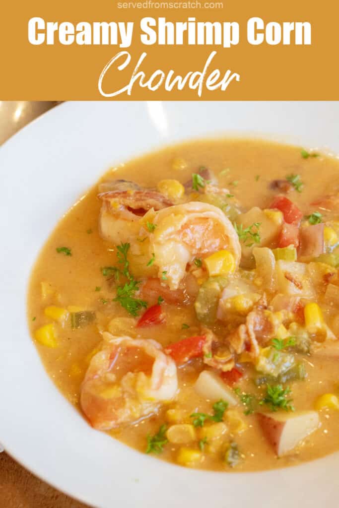 a bowl of shrimp chowder with corn red pepper and potatoes with Pinterest pin text.