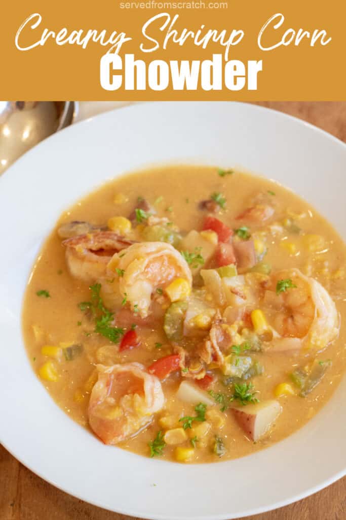 a bowl of shrimp chowder with corn red pepper and potatoes with Pinterest pin text.