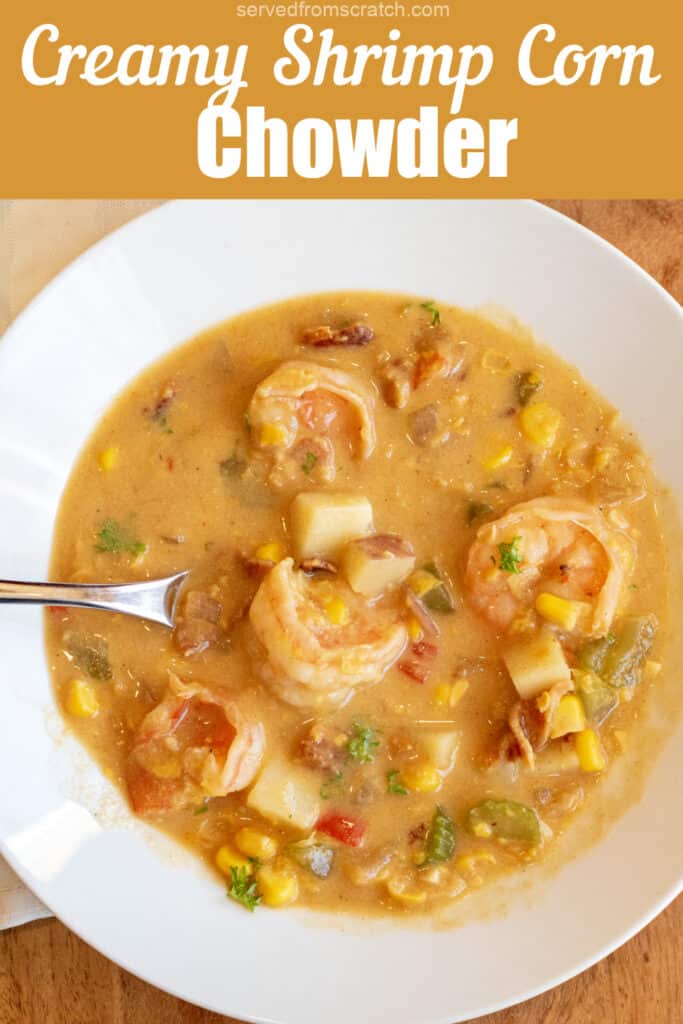 a bowl of shrimp chowder with corn red pepper and potatoes with Pinterest pin text.