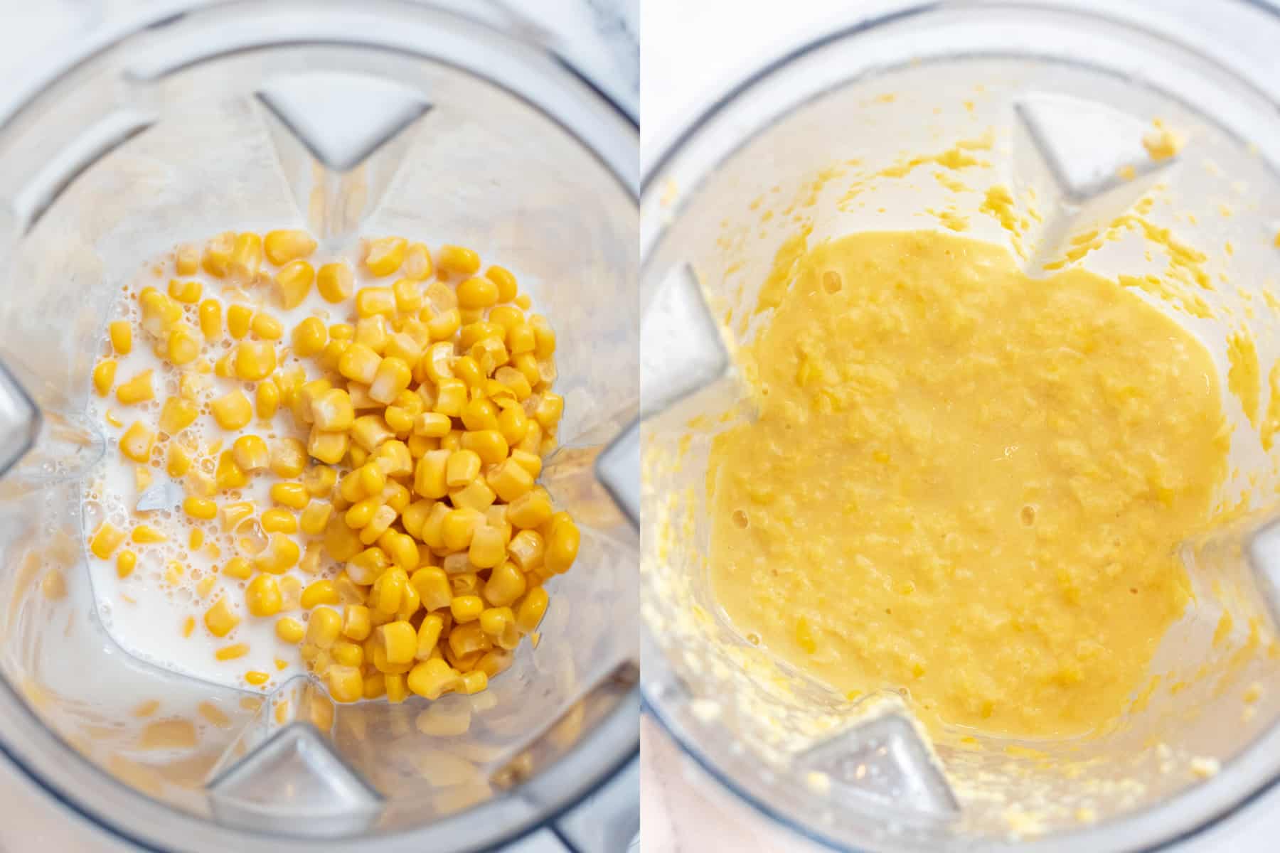 a blender with corn and milk and then it all blended.