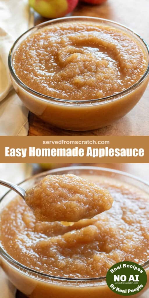 a bowl of applesauce, Pinterest pin text, and a big bowl of applesauce with a spoon with NO AI sticker.