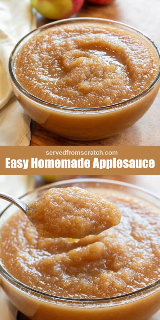 a bowl of applesauce, Pinterest pin text, and a big bowl of applesauce with a spoon.