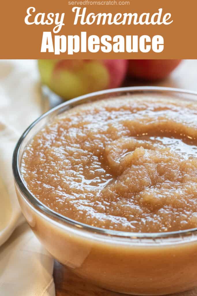 a bowl of applesauce with Pinterest pin text.