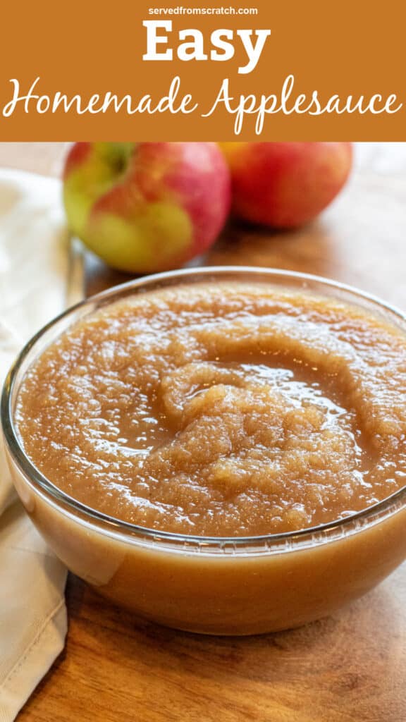 a bowl of applesauce with Pinterest pin text.