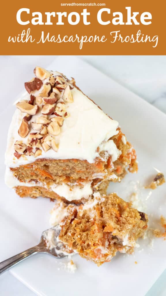 a plate with a slice of carrot cake and a forkful with Pinterest pin text.